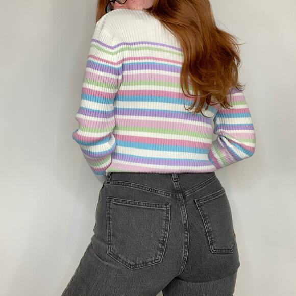 Vintage Company Collection Medium Ivory & Lilac Pastel Stripe Mockneck Sweater - Picture 4 of 11